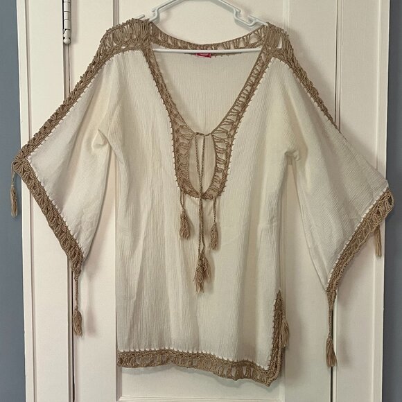 Anna Kosturova Sheika tunic mini dress size large cotton tassels resort beachy - Picture 1 of 7